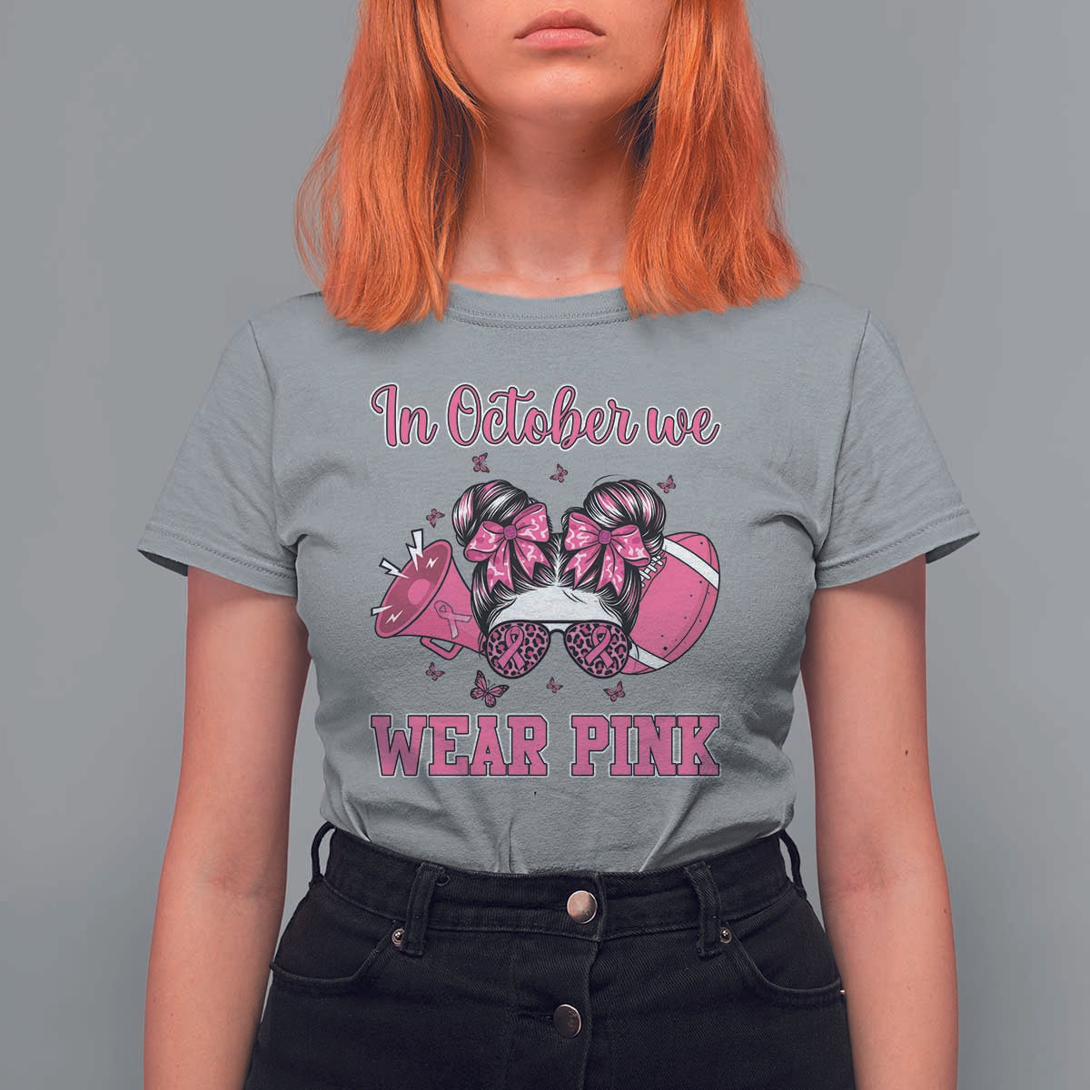 In October We Wear Pink Football T Shirt For Women Funny Football Awareness Gift - Wonder Print Shop