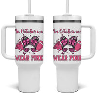 In October We Wear Pink Football Tumbler With Handle Funny Football Awareness Gift