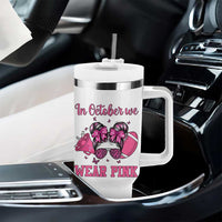 In October We Wear Pink Football Tumbler With Handle Funny Football Awareness Gift