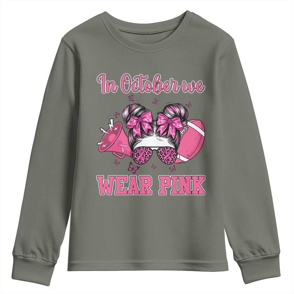 In October We Wear Pink Football Youth Sweatshirt Funny Football Awareness Gift - Wonder Print Shop