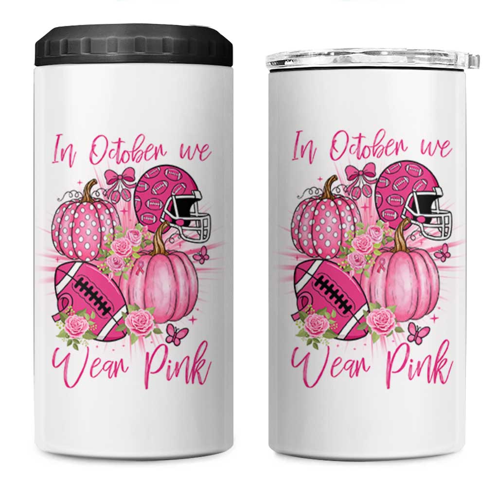 Football Breast Cancer Awareness 4 in 1 Can Cooler Tumbler In October We Wear Pink Gift