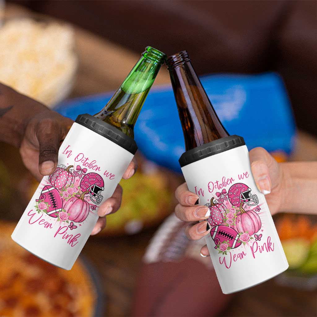 Football Breast Cancer Awareness 4 in 1 Can Cooler Tumbler In October We Wear Pink Gift