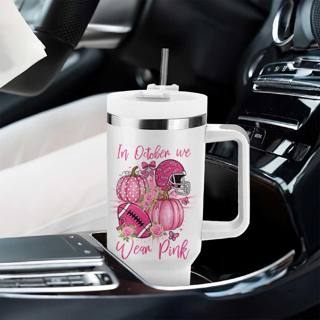 Football Breast Cancer Awareness Tumbler With Handle In October We Wear Pink Gift
