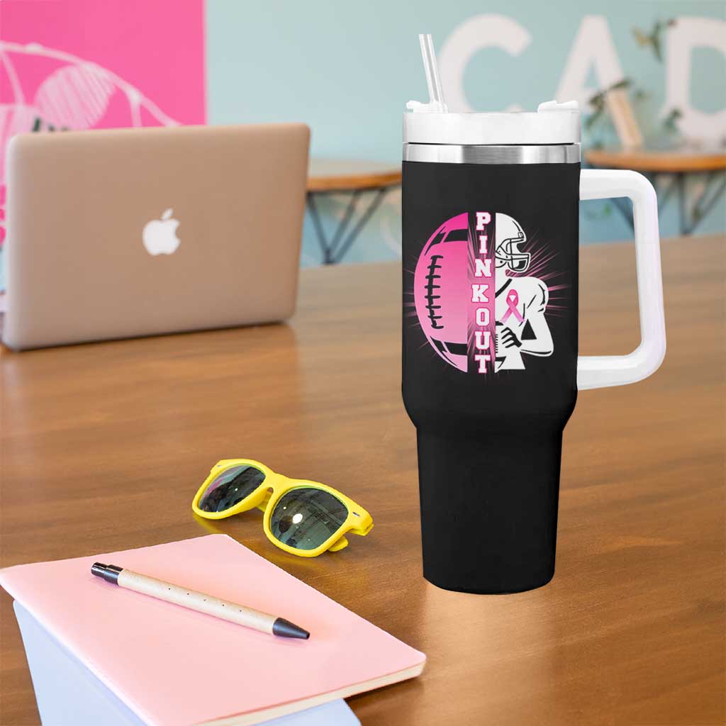Pink Out Game Day Football Tumbler With Handle Breast Cancer Support