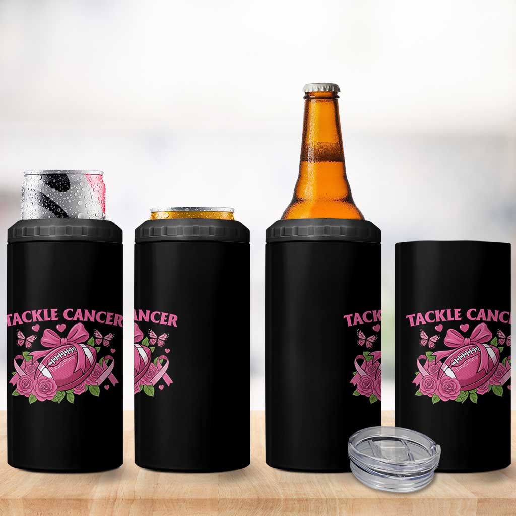 Tackle Cancer 4 in 1 Can Cooler Tumbler Football Breast Cancer Awareness Pink Ribbon