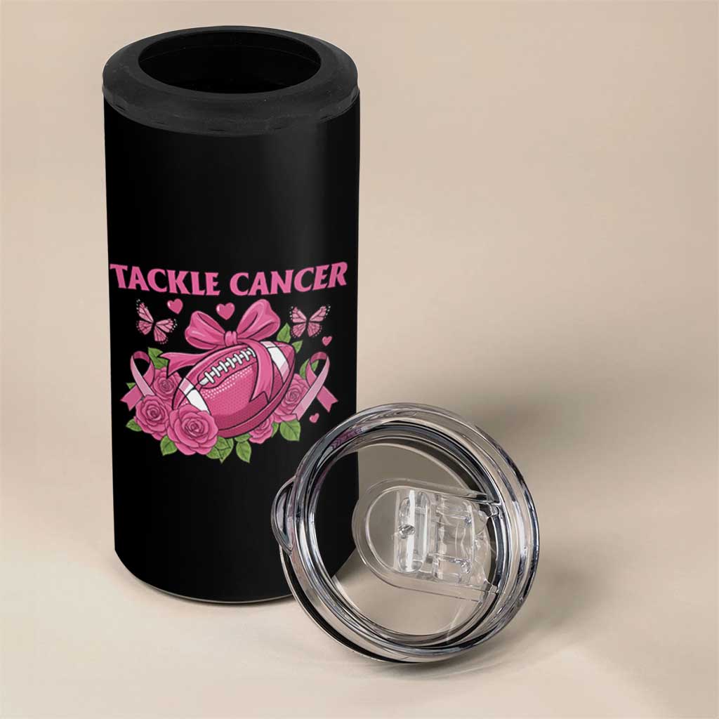 Tackle Cancer 4 in 1 Can Cooler Tumbler Football Breast Cancer Awareness Pink Ribbon
