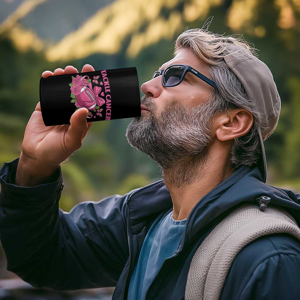 Tackle Cancer 4 in 1 Can Cooler Tumbler Football Breast Cancer Awareness Pink Ribbon