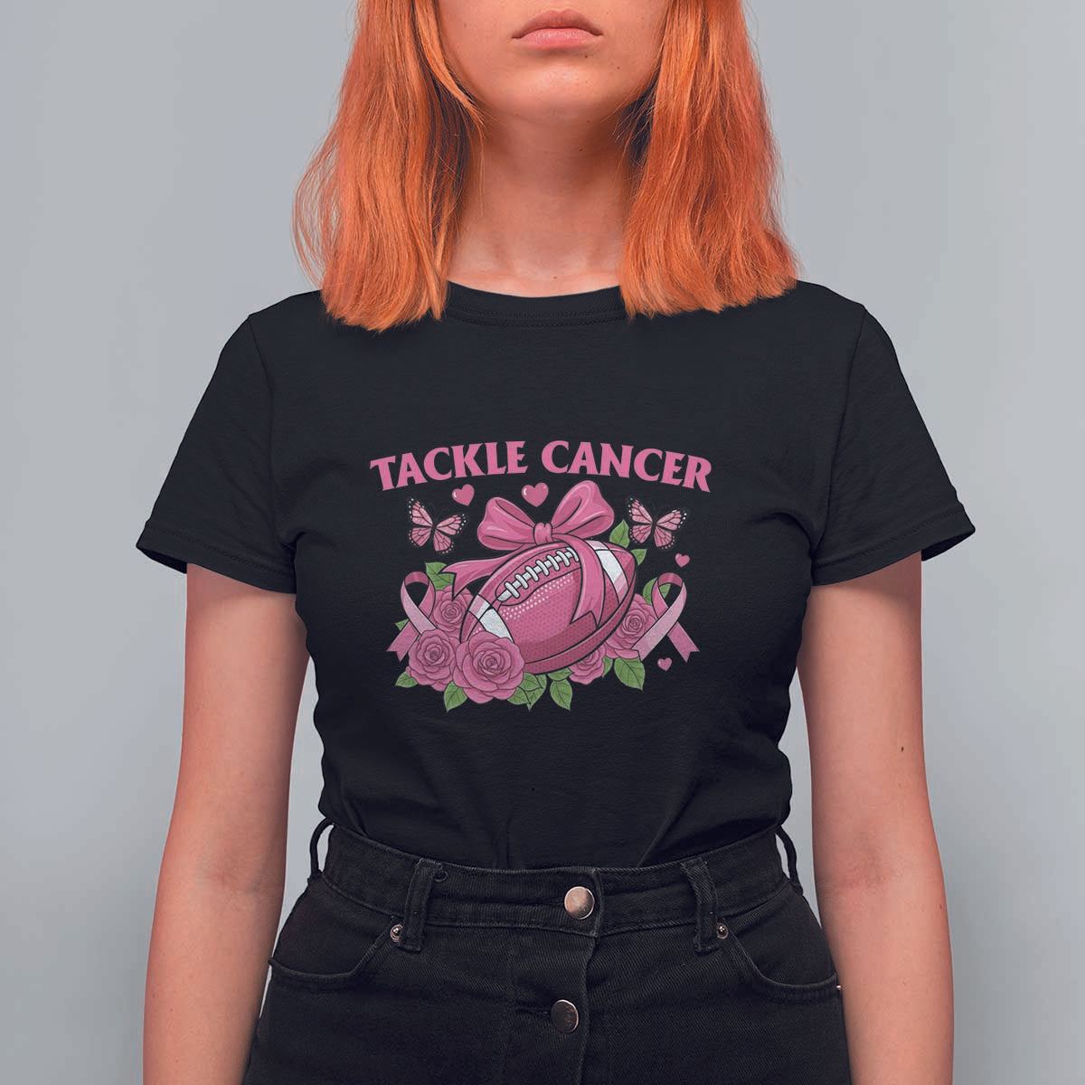 Tackle Cancer T Shirt For Women Football Breast Cancer Awareness Pink Ribbon - Wonder Print Shop