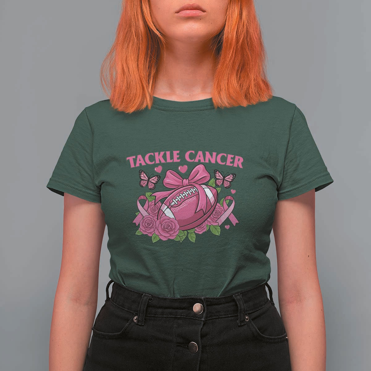 Tackle Cancer T Shirt For Women Football Breast Cancer Awareness Pink Ribbon - Wonder Print Shop