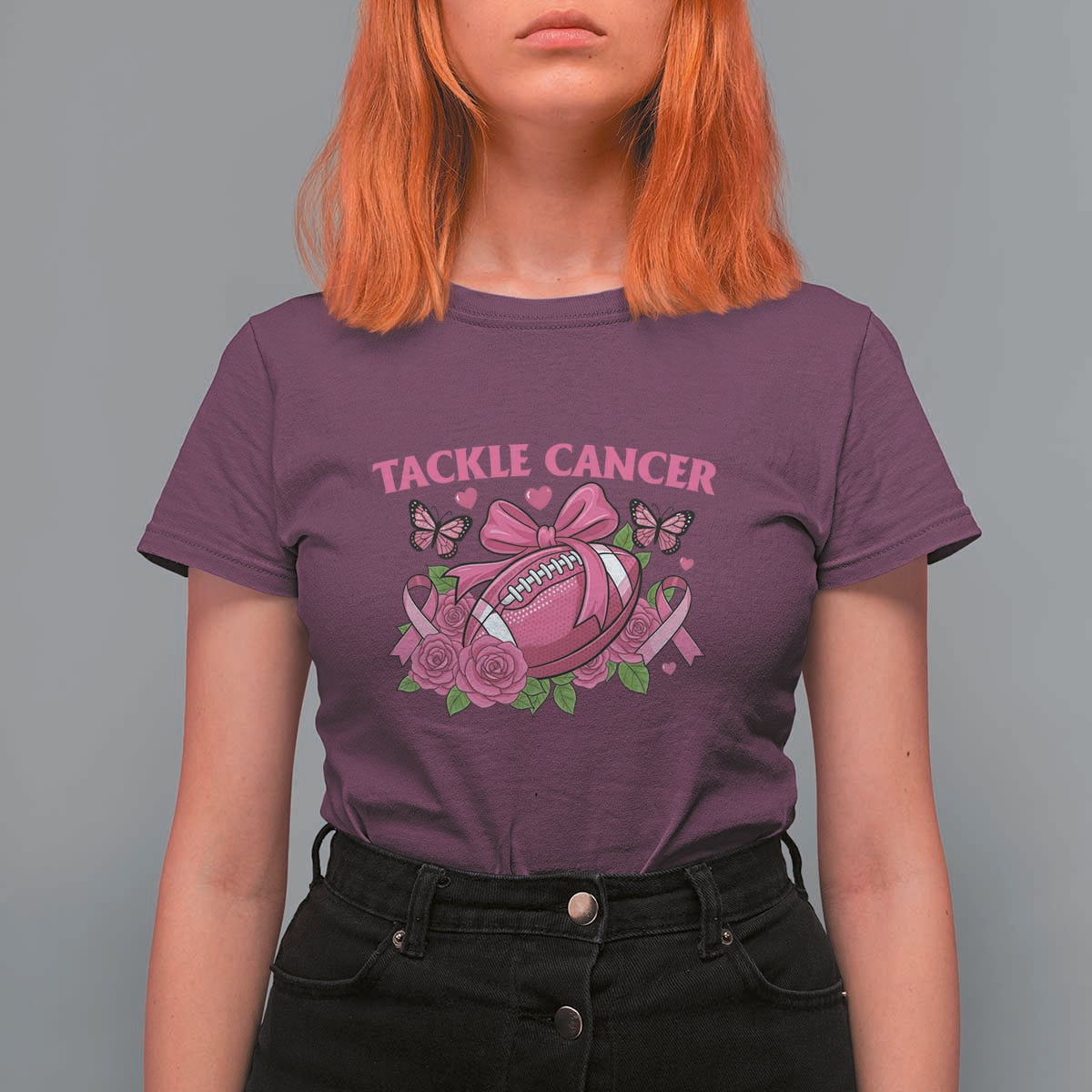 Tackle Cancer T Shirt For Women Football Breast Cancer Awareness Pink Ribbon - Wonder Print Shop