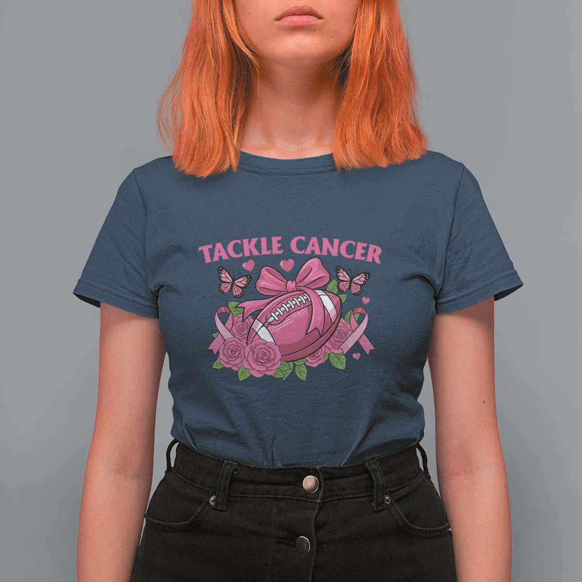 Tackle Cancer T Shirt For Women Football Breast Cancer Awareness Pink Ribbon - Wonder Print Shop