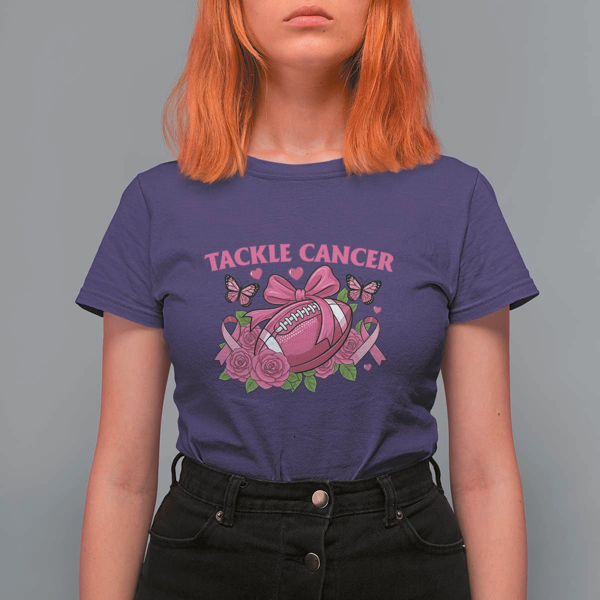 Tackle Cancer T Shirt For Women Football Breast Cancer Awareness Pink Ribbon - Wonder Print Shop