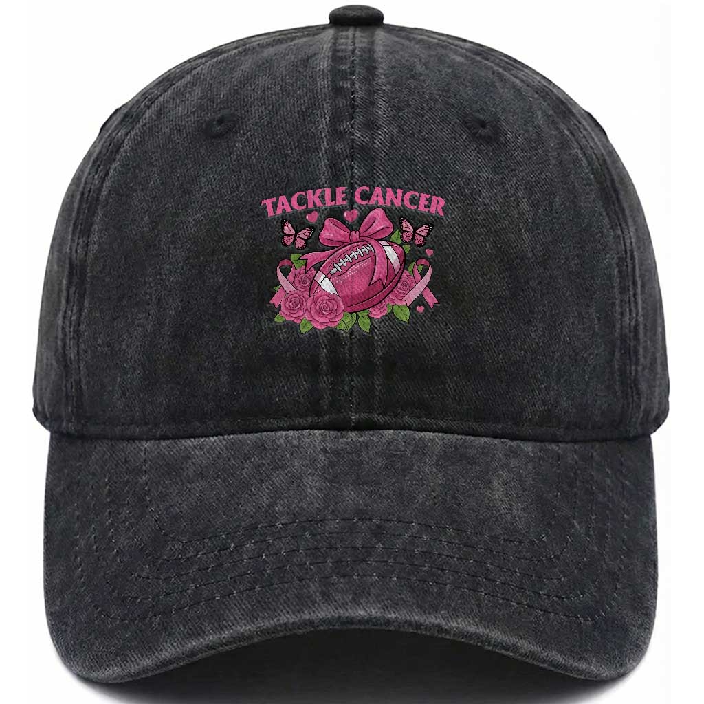 Tackle Cancer Washed Cotton Baseball Cap Football Breast Cancer Awareness Pink Ribbon