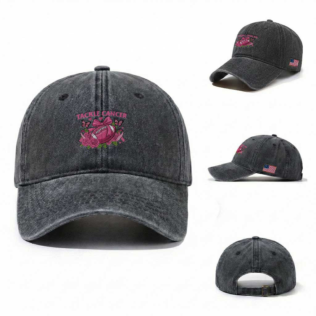 Tackle Cancer Washed Cotton Baseball Cap Football Breast Cancer Awareness Pink Ribbon
