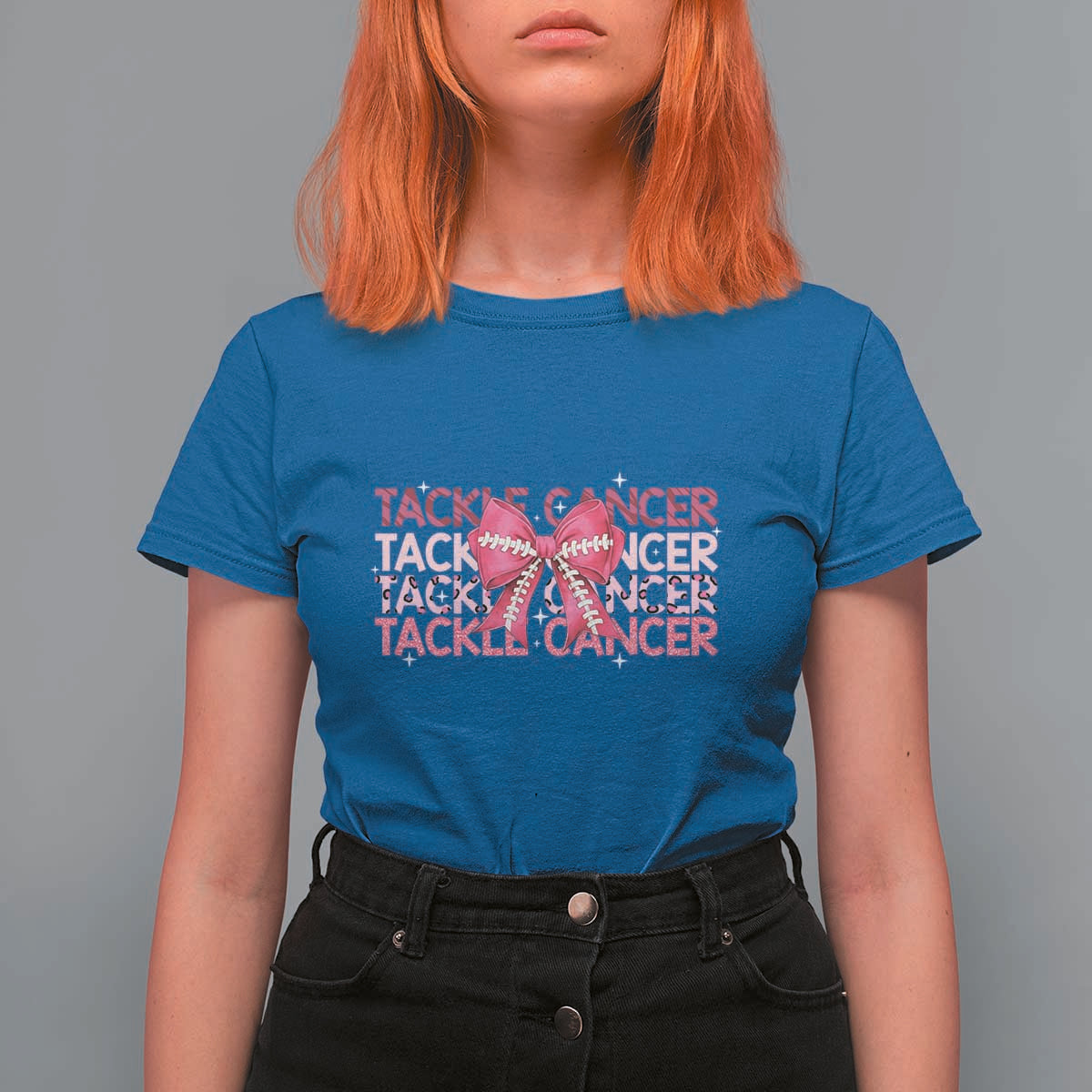 October Tackle Cancer Football Breast Cancer Awareness T Shirt For Women - Wonder Print Shop
