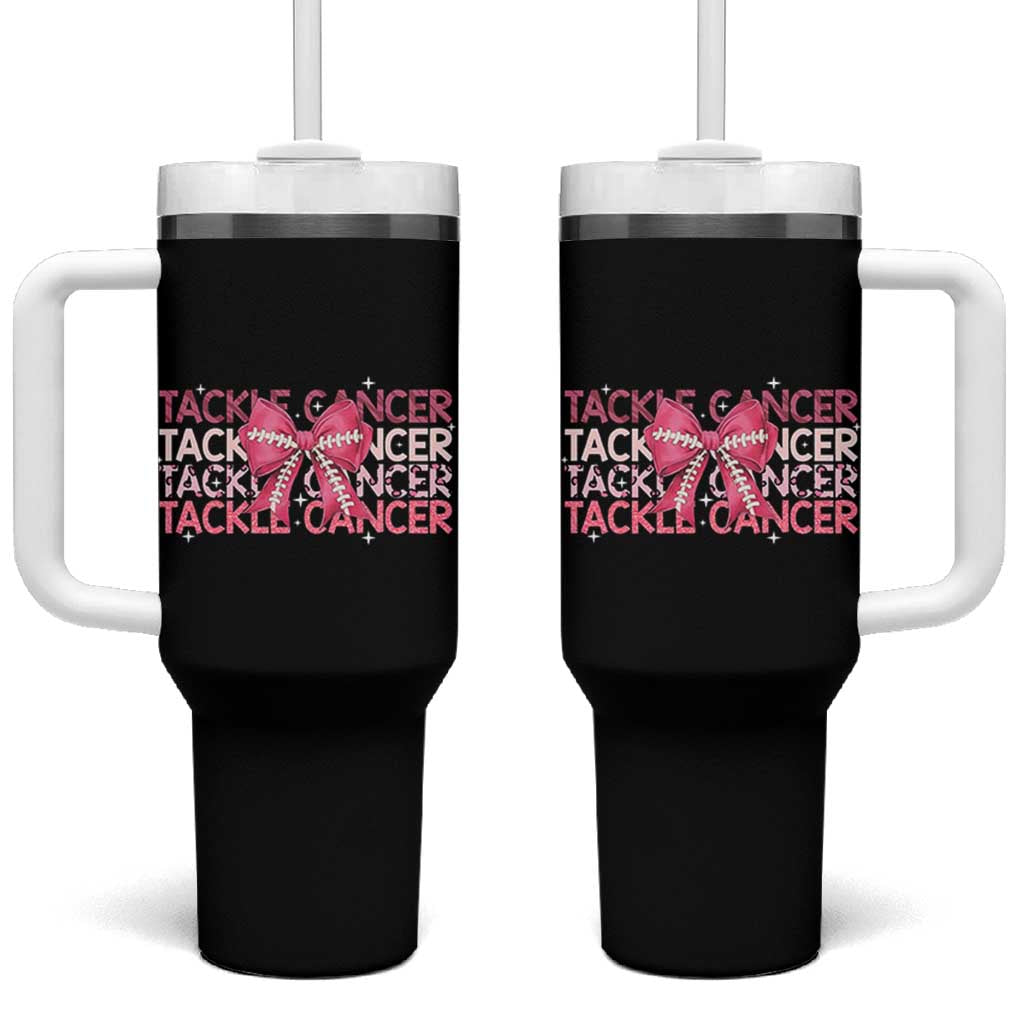 October Tackle Cancer Football Breast Cancer Awareness Tumbler With Handle