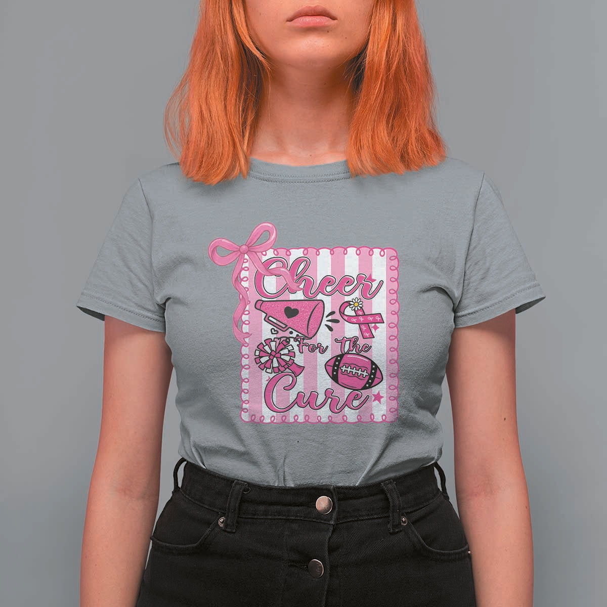 Cheer For The Cure T Shirt For Women Breast Cancer Awareness Football Gift - Wonder Print Shop