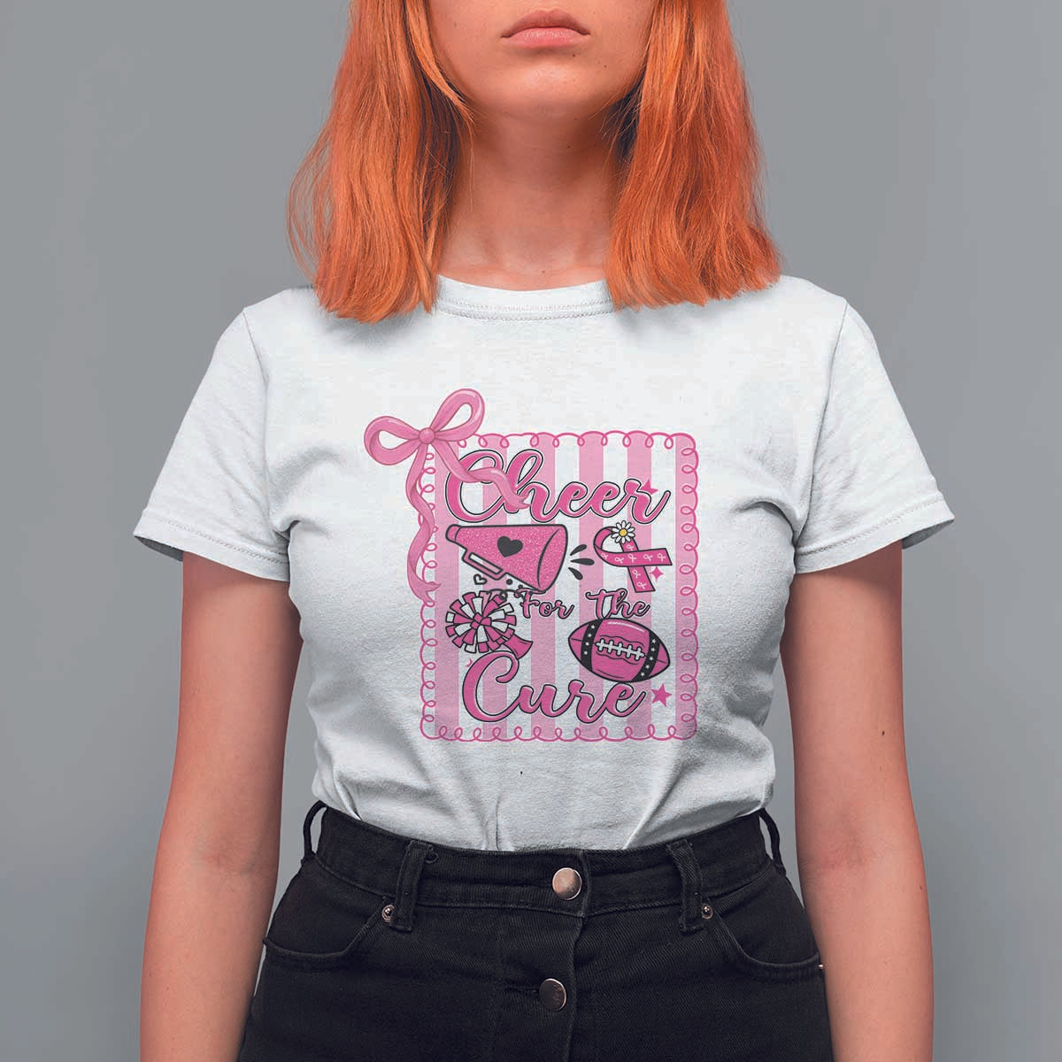 Cheer For The Cure T Shirt For Women Breast Cancer Awareness Football Gift - Wonder Print Shop