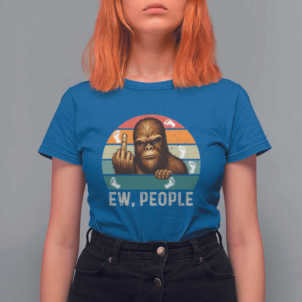 Bigfoot Lover T Shirt For Women Funny Ew People Retro Sunset Design - Wonder Print Shop