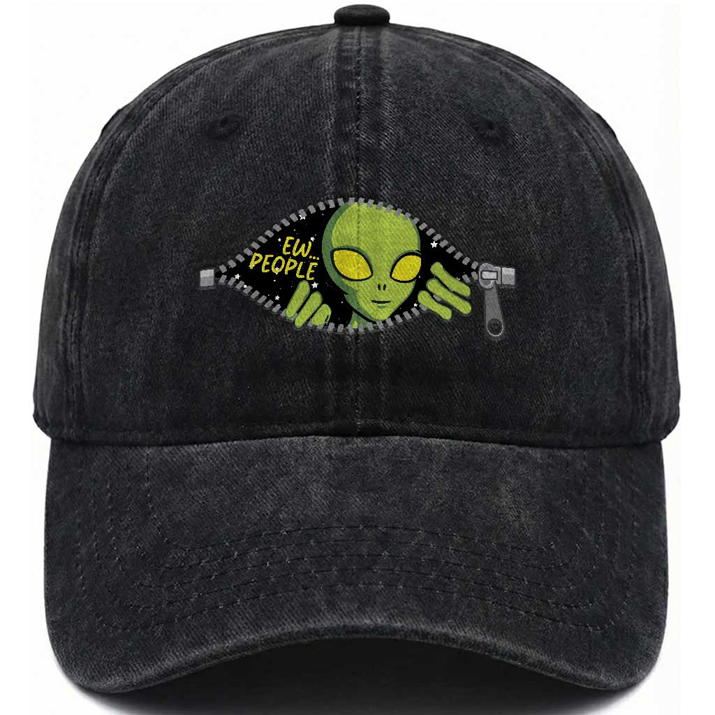 Funny Alien Washed Cotton Baseball Cap Ew People Hater Quote