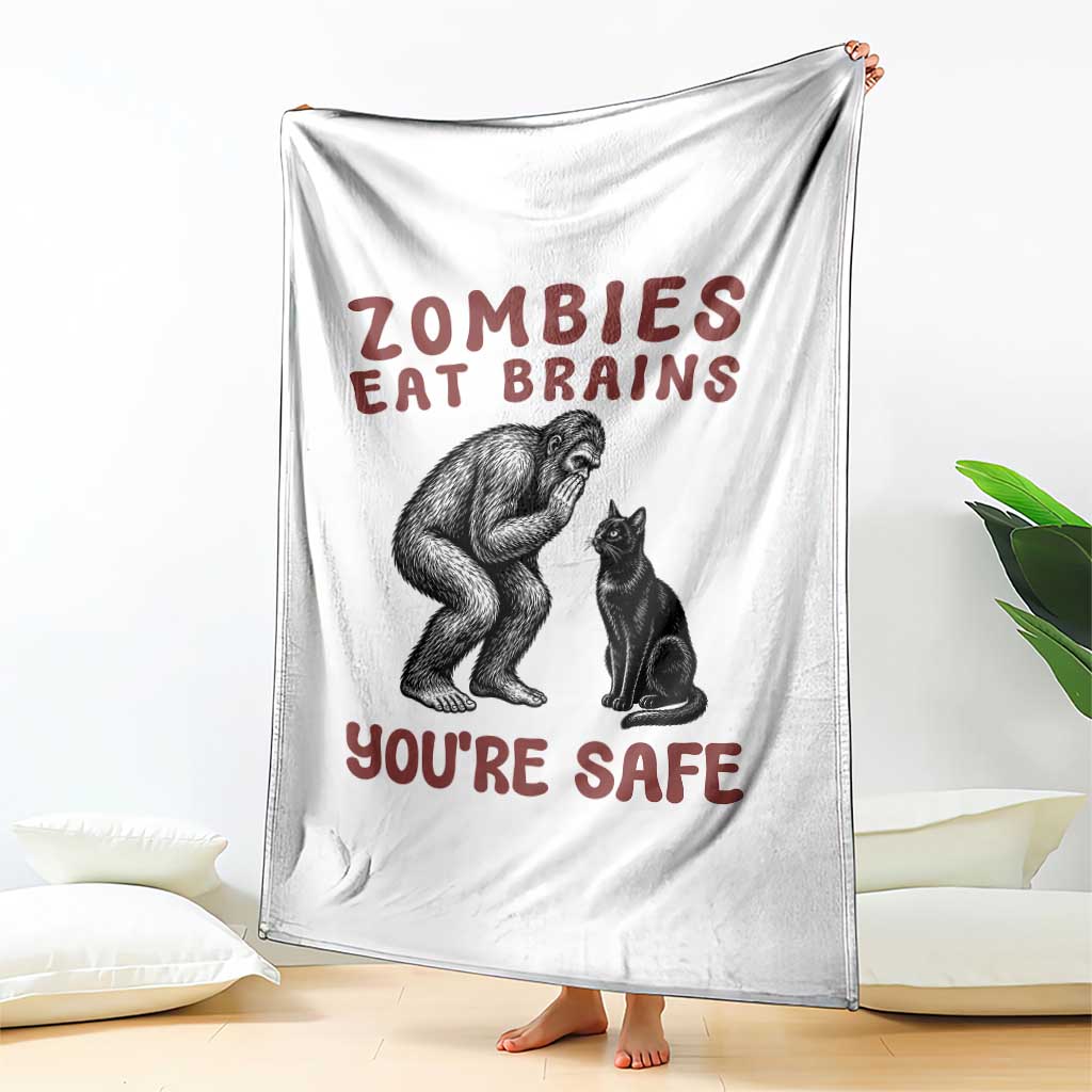 Funny Bigfoot And Black Cat Throw Blanket Zombies Eat Brains Dont Worry You Are Safe