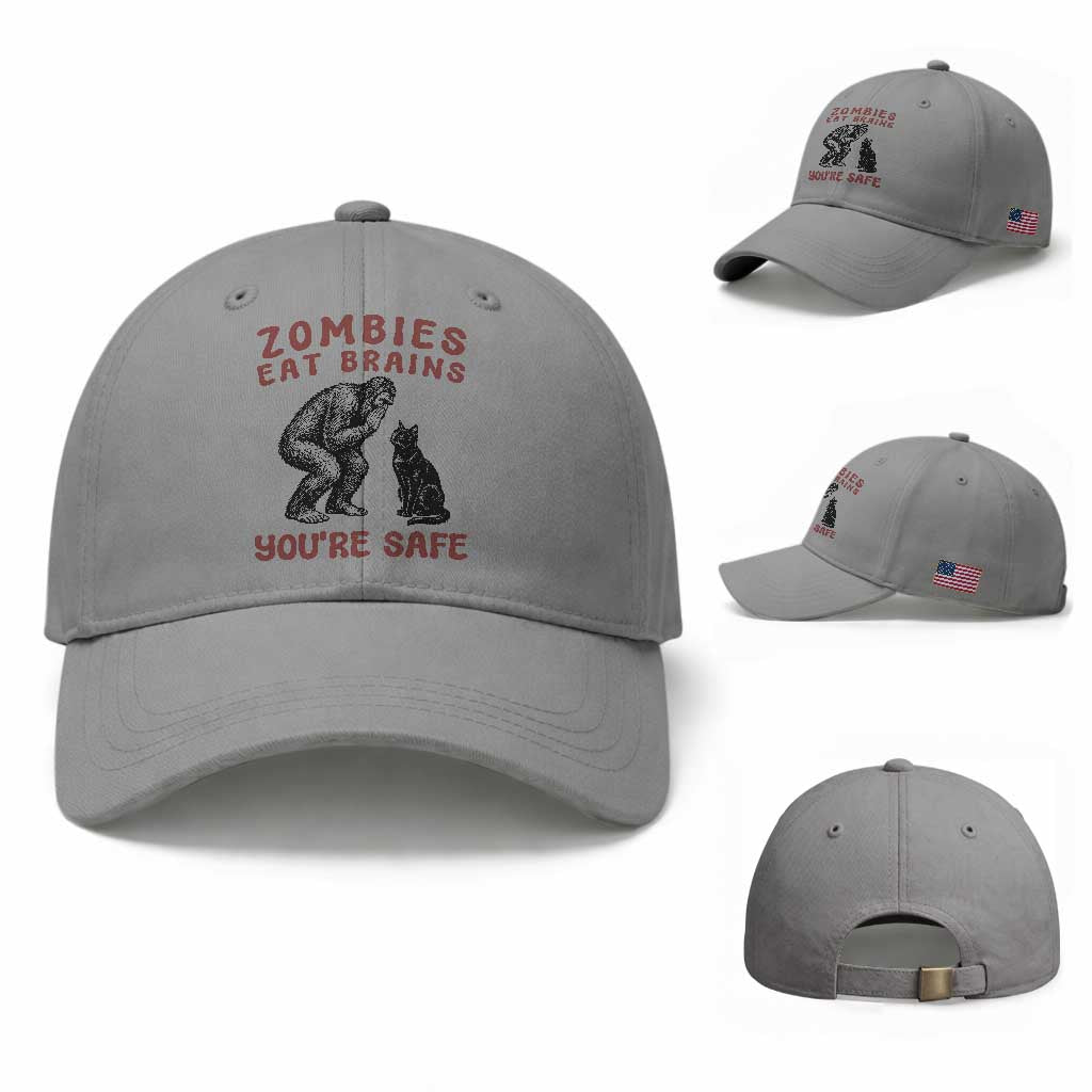 Funny Bigfoot And Black Cat Baseball Cap Zombies Eat Brains Dont Worry You Are Safe