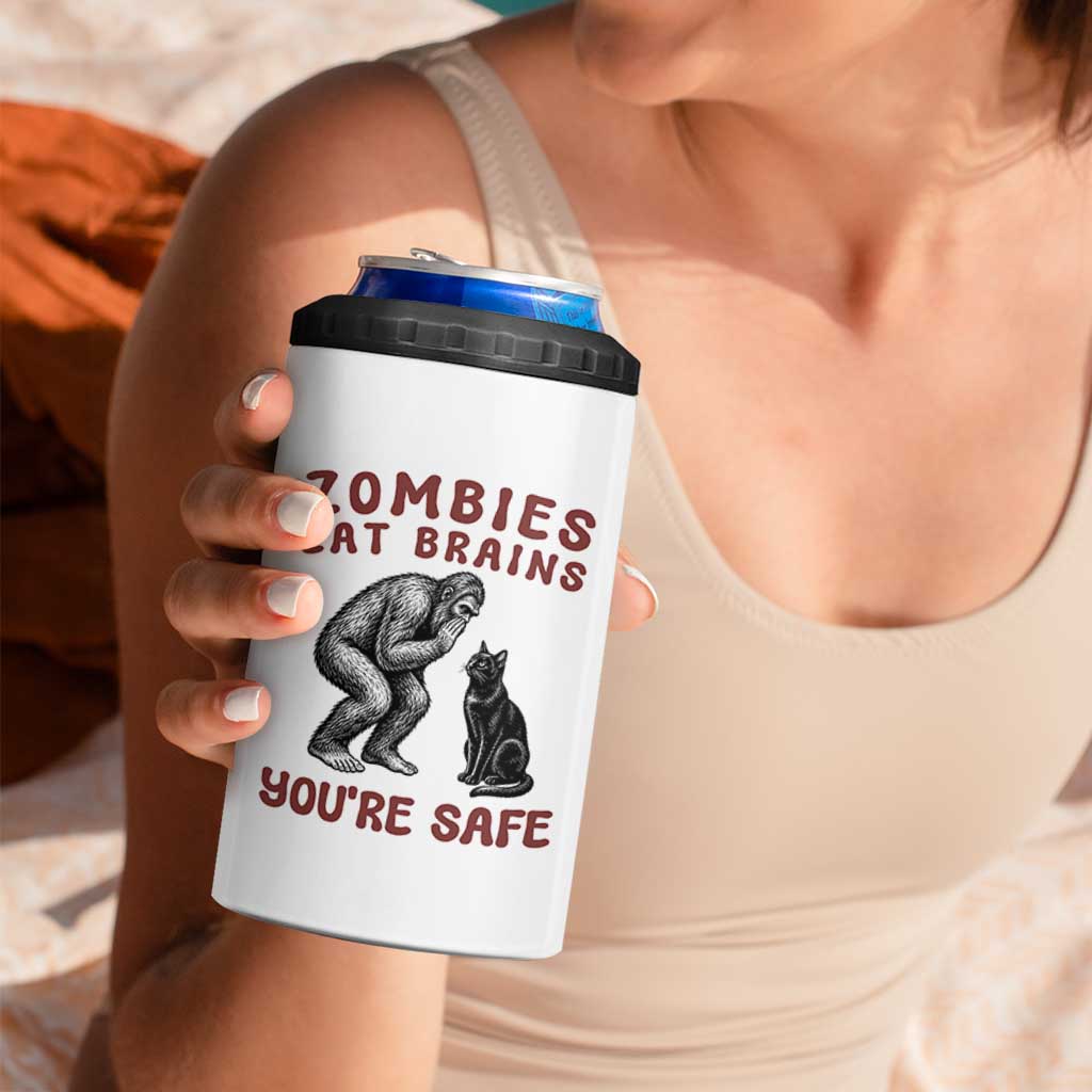 Funny Bigfoot And Black Cat 4 in 1 Can Cooler Tumbler Zombies Eat Brains Dont Worry You Are Safe