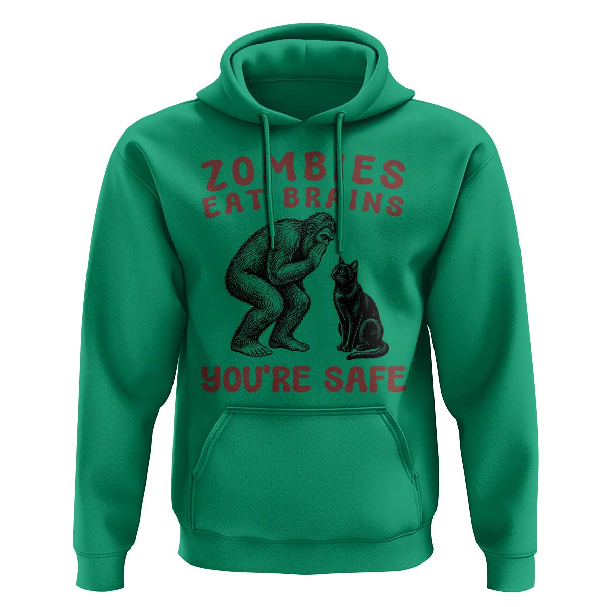 Funny Bigfoot And Black Cat Hoodie Zombies Eat Brains Dont Worry You Are Safe