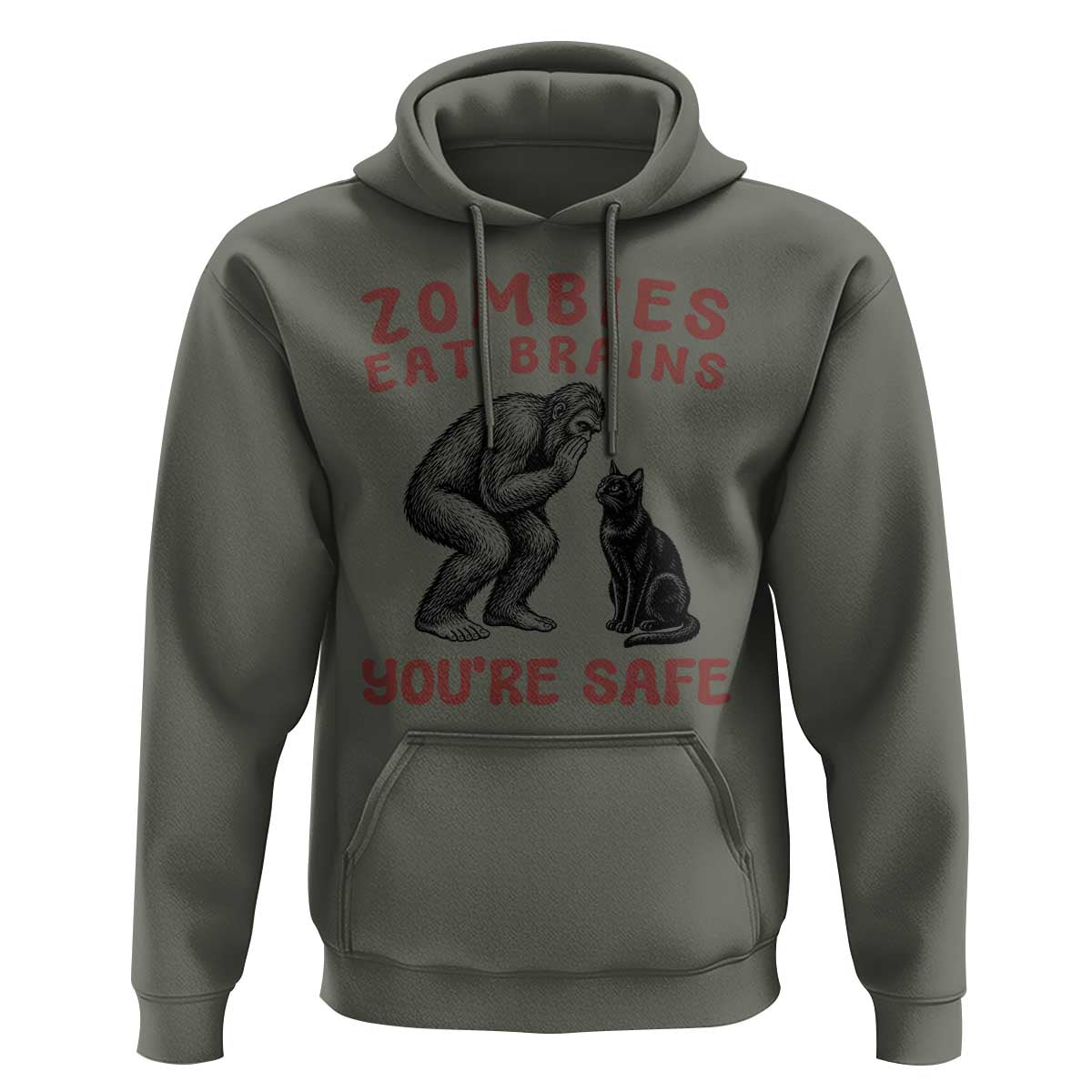 Funny Bigfoot And Black Cat Hoodie Zombies Eat Brains Dont Worry You Are Safe