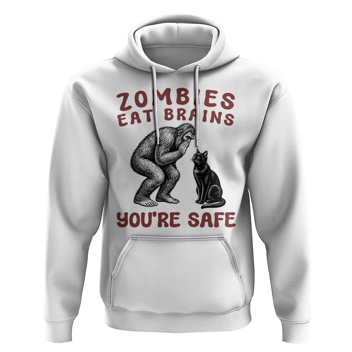 Funny Bigfoot And Black Cat Hoodie Zombies Eat Brains Dont Worry You Are Safe