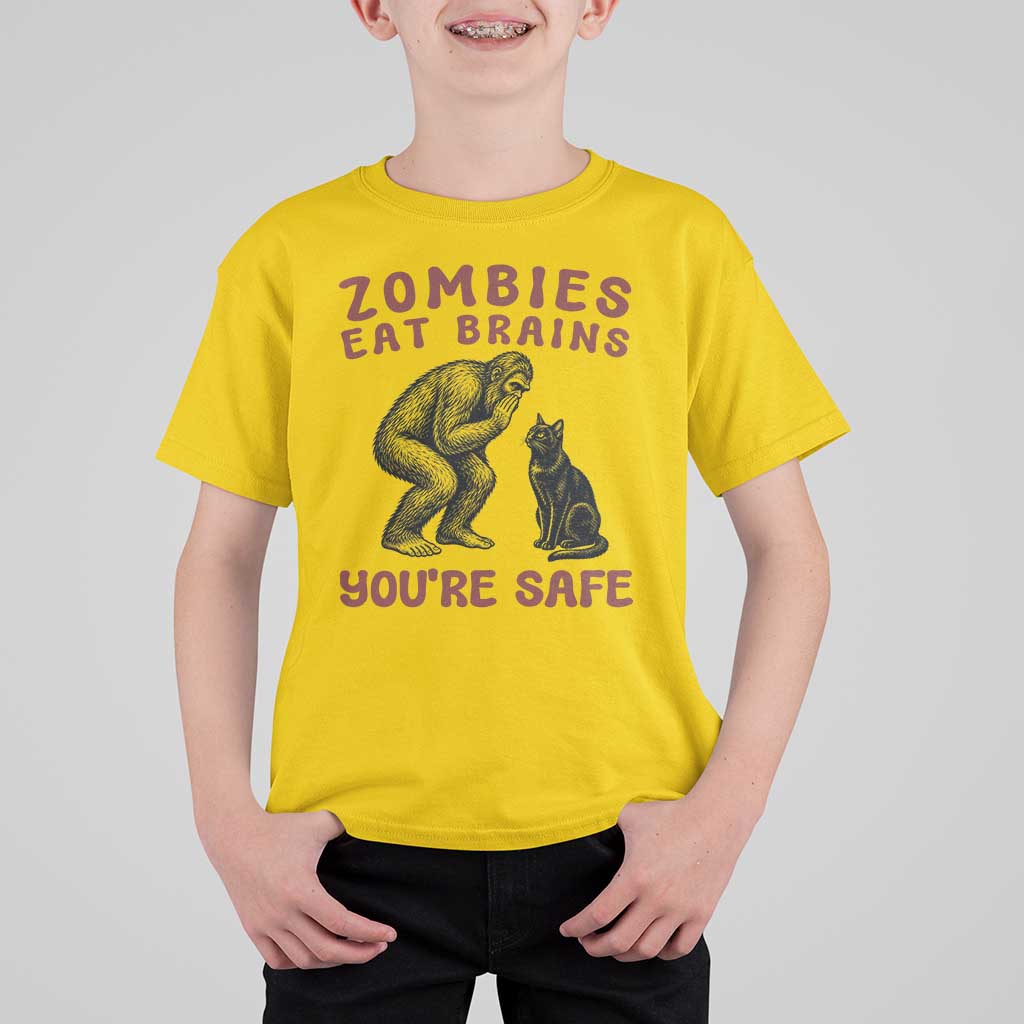 Funny Bigfoot And Black Cat T Shirt For Kid Zombies Eat Brains Dont Worry You Are Safe
