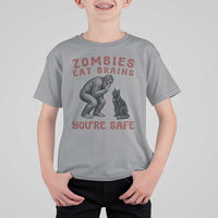 Funny Bigfoot And Black Cat T Shirt For Kid Zombies Eat Brains Dont Worry You Are Safe