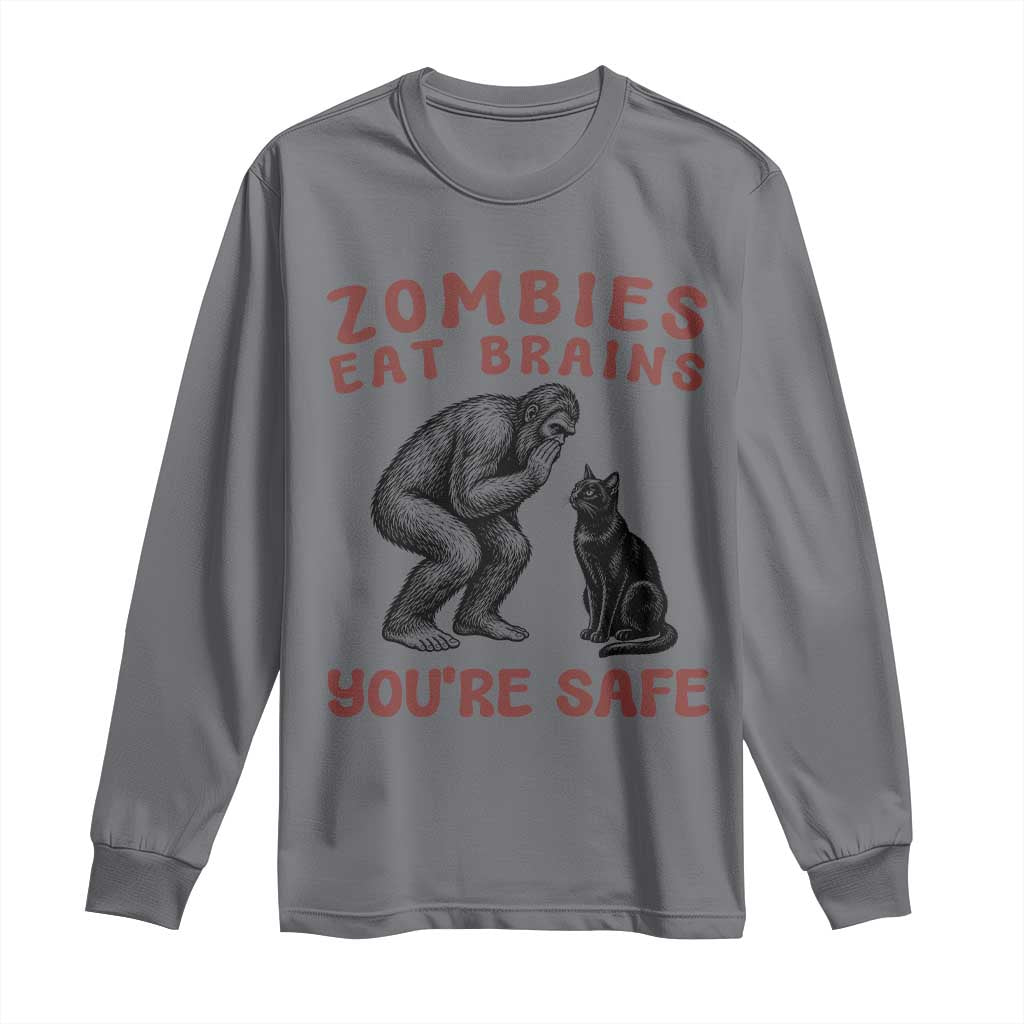 Funny Bigfoot And Black Cat Long Sleeve Shirt Zombies Eat Brains Dont Worry You Are Safe