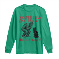 Funny Bigfoot And Black Cat Long Sleeve Shirt Zombies Eat Brains Dont Worry You Are Safe