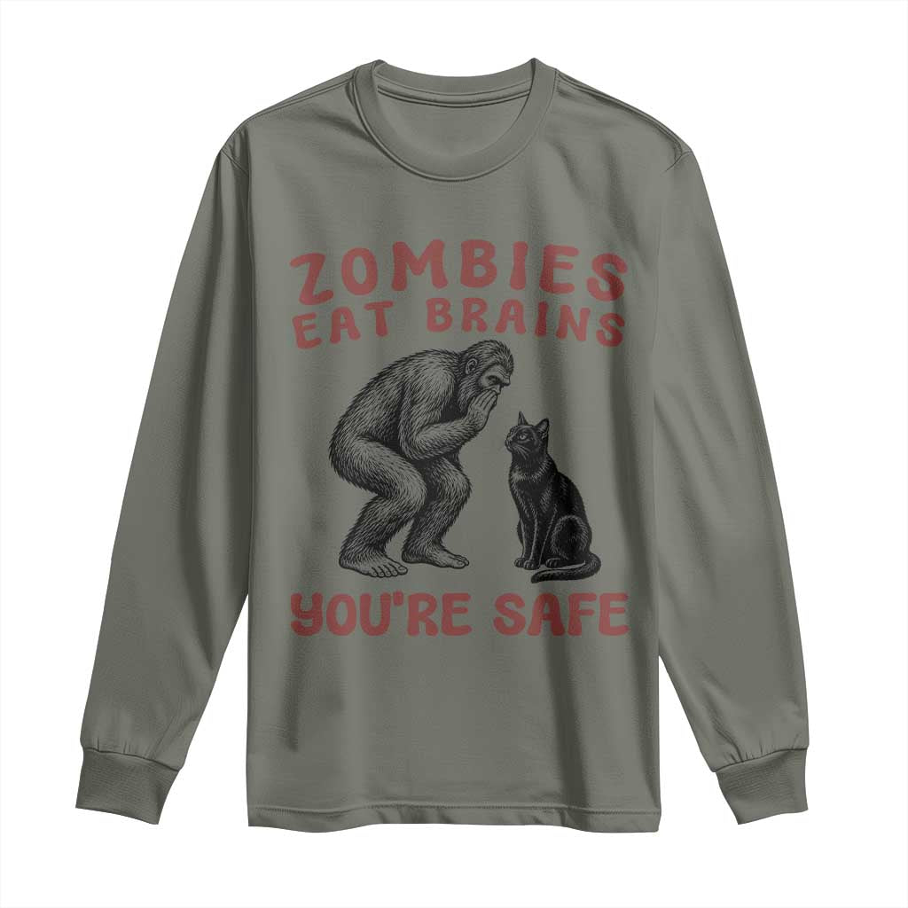 Funny Bigfoot And Black Cat Long Sleeve Shirt Zombies Eat Brains Dont Worry You Are Safe
