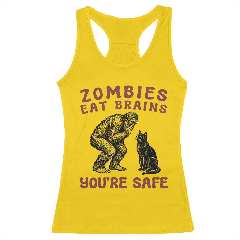 Funny Bigfoot And Black Cat Racerback Tank Top Zombies Eat Brains Dont Worry You Are Safe