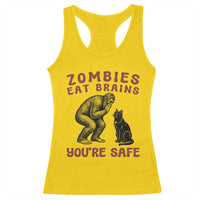 Funny Bigfoot And Black Cat Racerback Tank Top Zombies Eat Brains Dont Worry You Are Safe