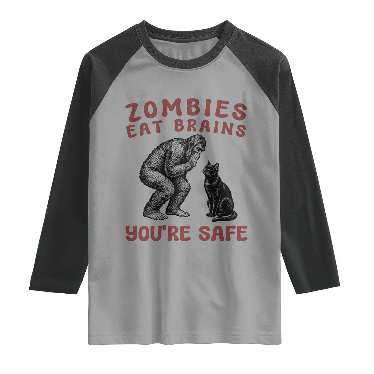 Funny Bigfoot And Black Cat Raglan Shirt Zombies Eat Brains Dont Worry You Are Safe