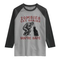 Funny Bigfoot And Black Cat Raglan Shirt Zombies Eat Brains Dont Worry You Are Safe