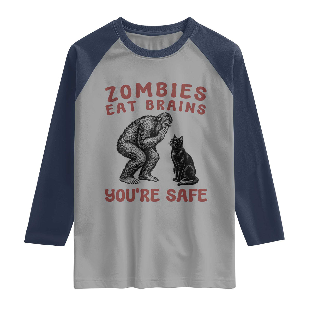 Funny Bigfoot And Black Cat Raglan Shirt Zombies Eat Brains Dont Worry You Are Safe