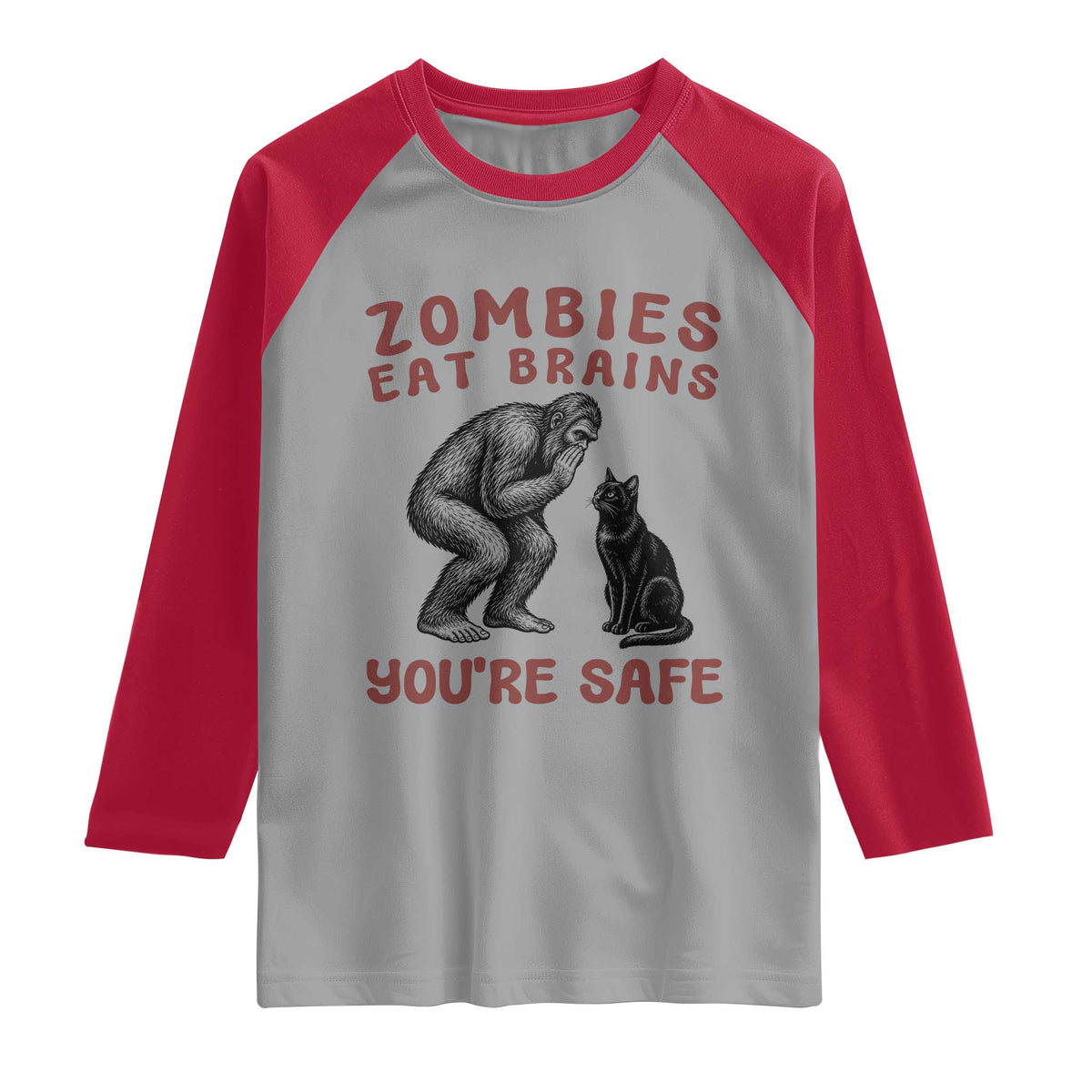 Funny Bigfoot And Black Cat Raglan Shirt Zombies Eat Brains Dont Worry You Are Safe