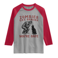 Funny Bigfoot And Black Cat Raglan Shirt Zombies Eat Brains Dont Worry You Are Safe