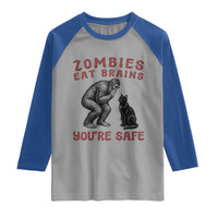 Funny Bigfoot And Black Cat Raglan Shirt Zombies Eat Brains Dont Worry You Are Safe