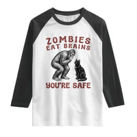 Funny Bigfoot And Black Cat Raglan Shirt Zombies Eat Brains Dont Worry You Are Safe
