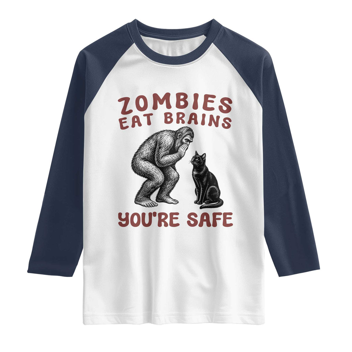 Funny Bigfoot And Black Cat Raglan Shirt Zombies Eat Brains Dont Worry You Are Safe