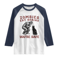 Funny Bigfoot And Black Cat Raglan Shirt Zombies Eat Brains Dont Worry You Are Safe