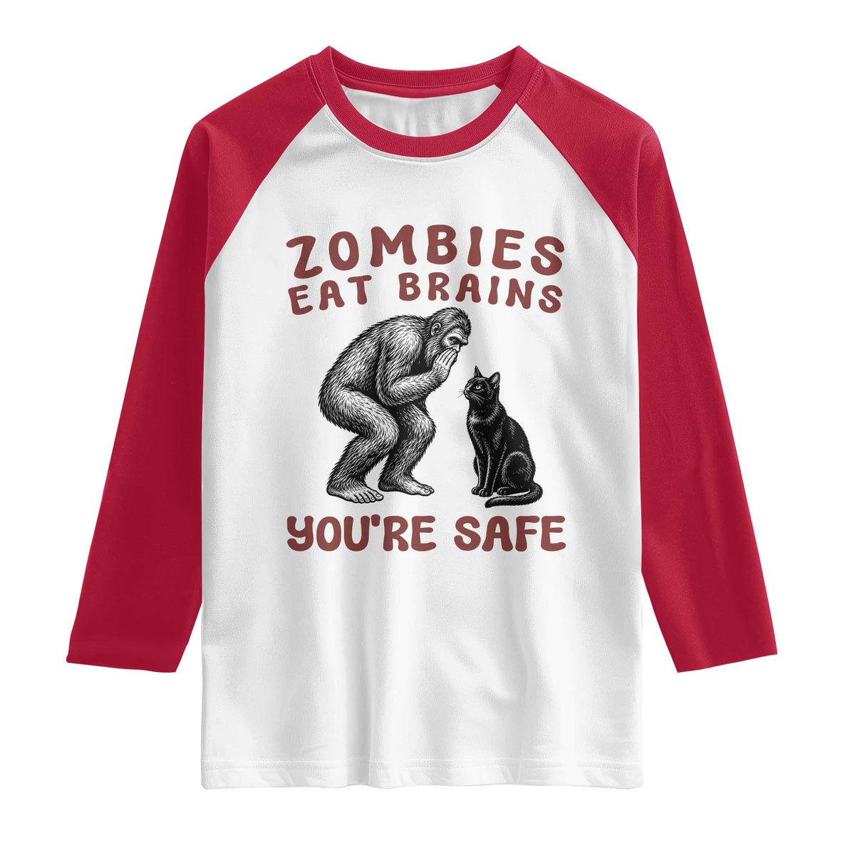Funny Bigfoot And Black Cat Raglan Shirt Zombies Eat Brains Dont Worry You Are Safe