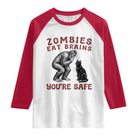 Funny Bigfoot And Black Cat Raglan Shirt Zombies Eat Brains Dont Worry You Are Safe