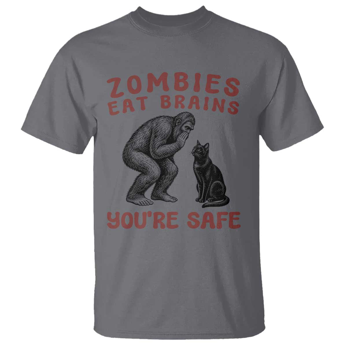 Funny Bigfoot And Black Cat T Shirt Zombies Eat Brains Dont Worry You Are Safe