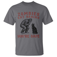Funny Bigfoot And Black Cat T Shirt Zombies Eat Brains Dont Worry You Are Safe